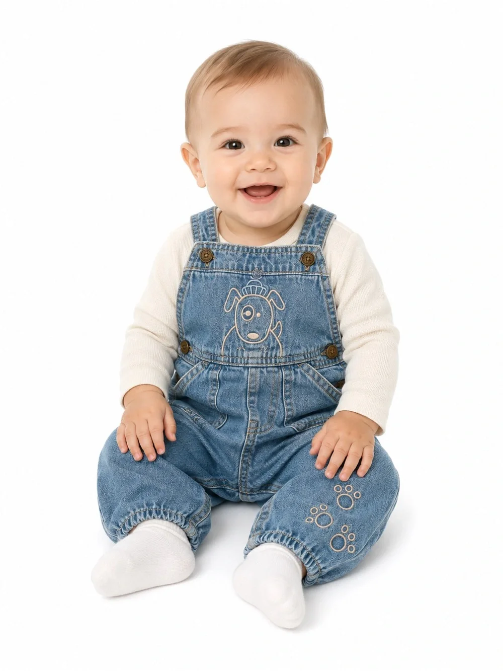 Vintage Oshkosh Baby Denim Overalls with Embroidered Puppy - Blue